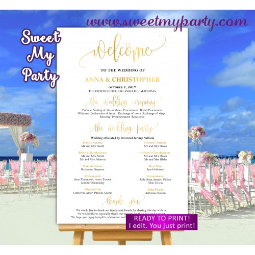 Gold Wedding Welcome Sign with program,Gold Wedding Program sign,(025w)